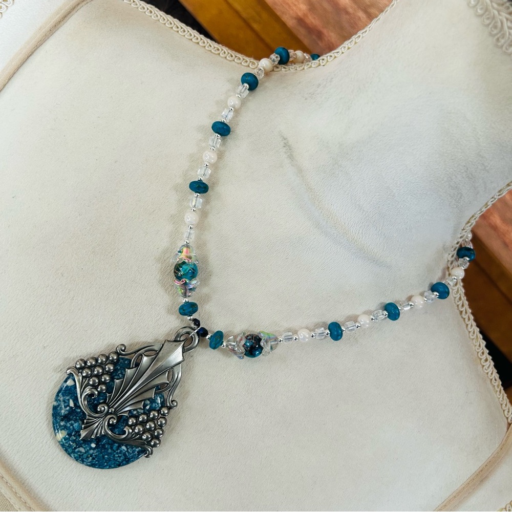 Handcrafted art glass bead crystal art deco orgone stone slab pendant necklace